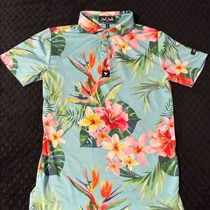 Bad Birdie Tropical Floral Polo - Blue and Pink